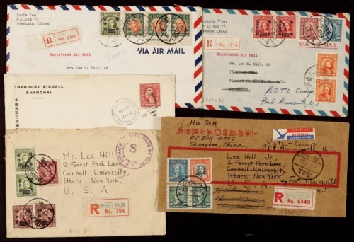  民国著名集邮家实寄封一组5件：1947年上海胡新寄美国挂号封2件；1947年香港集邮家严西峤天津寄上海2件