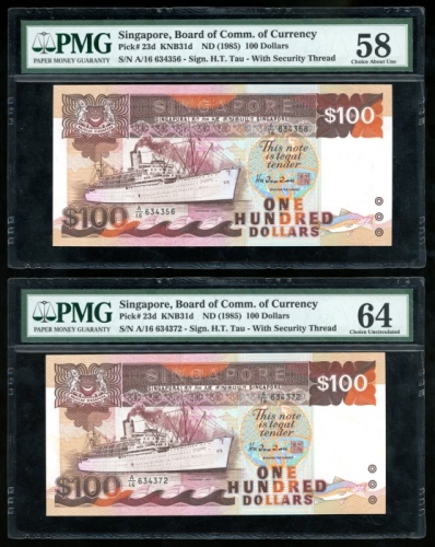  1985年新加坡一佰圆一组两枚，编号A/16 634372及A/16 634356，均PMG58-64（2） Singapore, a pair of $100, ND(1985), serial n