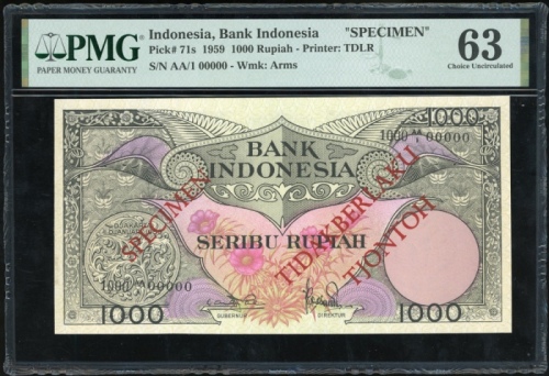  1959年印度尼西亚一仟盾样票，编号AA/1 00000，PMG63，少见！ Bank Indonesia, specimen 1000 rupiah, 1959, serial number AA/