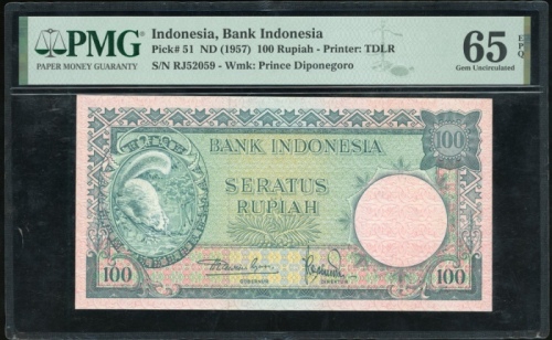  1957年印度尼西亚一佰盾，编号RJ52059，PMG65EPQ Bank Indonesia, 100 rupiah, ND (1957), serial number RJ52059, (Pick