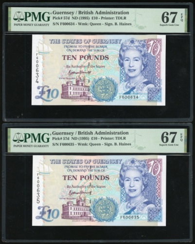  1995年根西拾镑两枚连号，编号F600634-35，均PMG67EPQ（2） Guernsey, a consecutive pair of £10, ND(1995), serial number