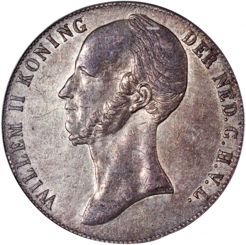  1845年荷兰2 1/2盾银币，罕版，PCGS AU53，#34627828 Netherlands, William II, 2 1/2 gulden, 1845, Fleur de lis wit