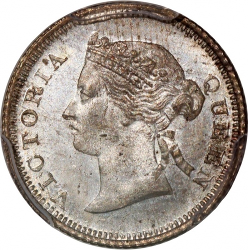  1866年香港维多利亚五仙，PCGS MS65+，#46484295，4枚带+级之一，币身细节清晰易见