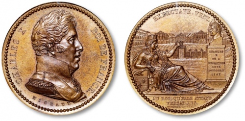  法国雕刻家“Michaut”纪念“国王查理十世诞辰”铜章一枚，高浮雕，工艺精美，金盾 PCGS SP64（85932800）