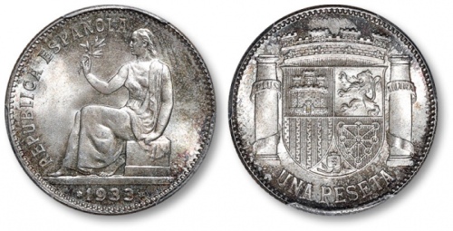  西班牙1933年1比赛塔银币一枚，打制规范深峻，浮雕感强烈，细节分明，原味欧洲五彩包浆，底光丝滑柔亮，状态一流，品相顶级，金盾PCGS MS66（80967560）为此公司此品种仅五枚之第一名分数