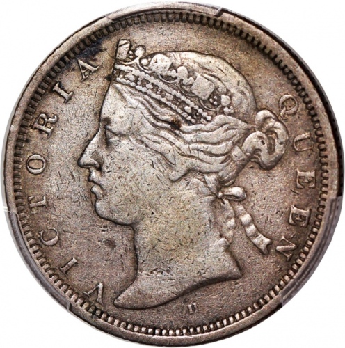  1872-H香港维多利亚二毫，7骑6版，PCGS XF Detail (有清洗)，#46484285，罕见日期骑字版