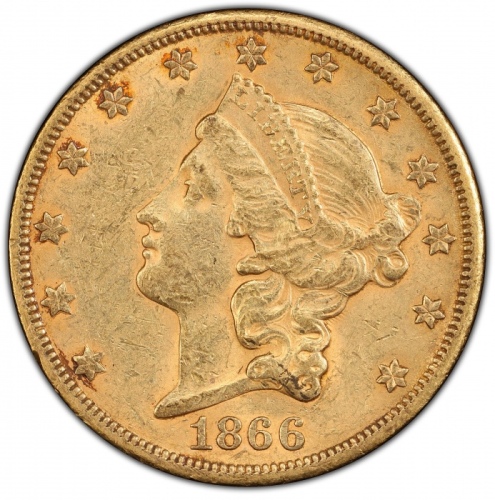  1866-S自由像双鹰金币 PCGS AU 58 1866-S Liberty Head Double Eagle