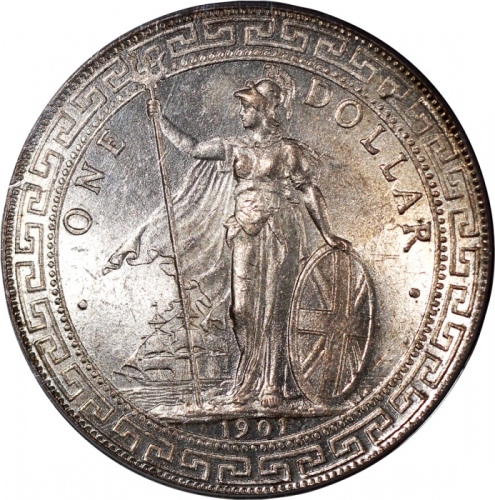  1901-B及1908-B英国贸易银元2枚一组，分别PCGS UNC Detail币边有损及ACCA MS64，#41913608及A1040528 Great Britain, a pair of 