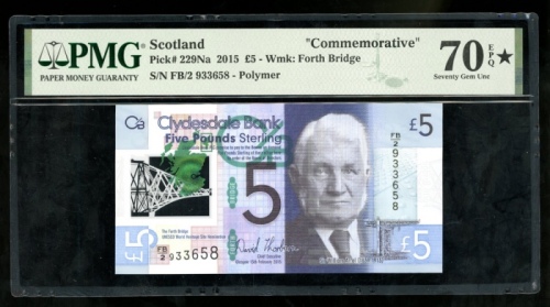  2015年克莱兹戴尔银行伍镑，编号FB/2 933658，PMG70EPQ★！ Clydesdale Bank, Scotland, 5 pounds, polymer, 2015, serial n