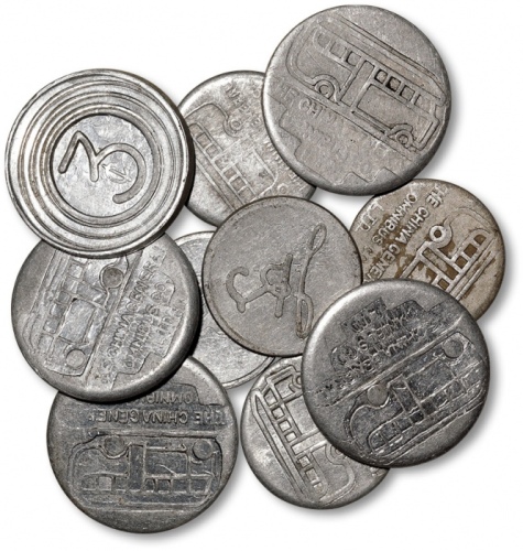  1939年上海中国通用公共汽车有限公司1分、3分铝制车票代用币各五枚、共计十枚，原味包浆，光泽柔亮，沪上前辈出品，极美至近未使用品