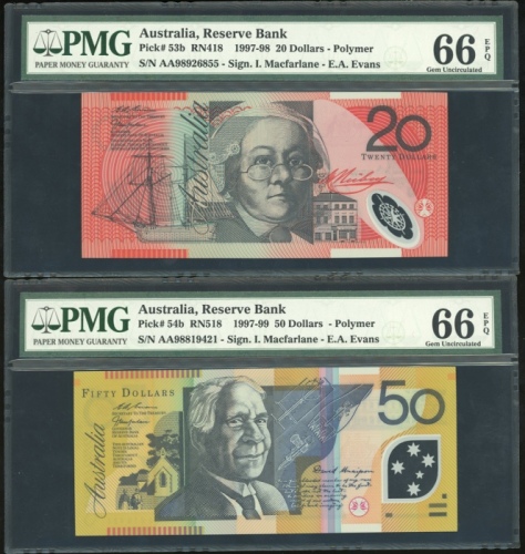  1998-99年澳大利亚一佰圆, 伍拾及贰拾一组三枚，编号AA99913752、AA98819421及AA98926855，均PMG66EPQ（3） Reserve Bank of Australia
