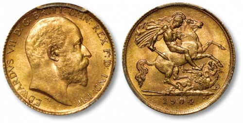  英国1905“国王爱德华七世像”马剑1/2索维林金币一枚，打制深峻，压力十足，金色纯正，状态极佳，金盾PCGS MS64（37820497）