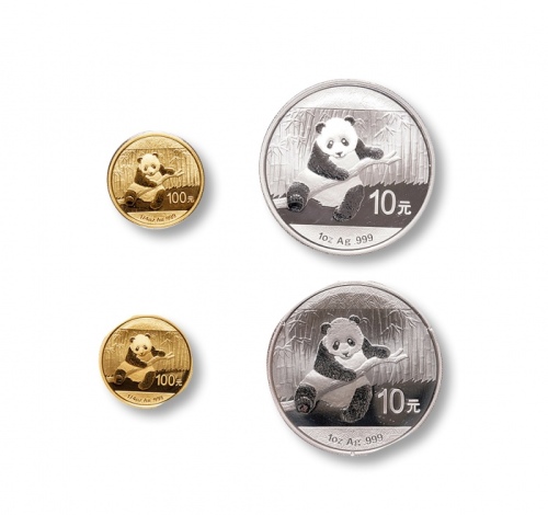  2014年熊猫普制1/4盎司金币、1盎司银币各二枚，一组共四枚