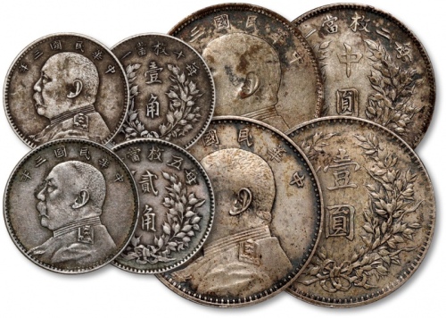  民国三年袁世凯像壹角、贰角、中圆、壹圆银币共四枚，均打制规范清晰，醇厚灰黑色包浆，状态自然，开门见山，极美品