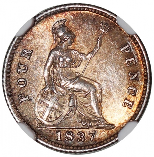  英国银币3枚一组，包括1837年4便士，1834年6便士及1834年1/2克朗，带「W.W.」署名，NGC AU58, MS62及MS61，#2885392-002，003及001 Great Bri