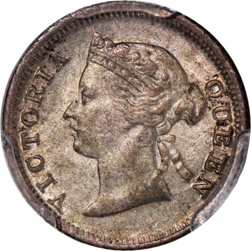  1866年香港维多利亚五仙，背面双重铸打，PCGS AU58，#46484291