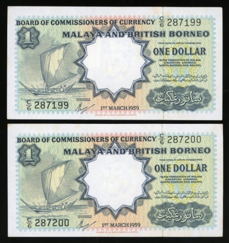  1959年马来亚及北婆罗州一圆两枚连号，编号C/6 287199-200，有微污，均EF-AU（2） Malaya & British Borneo, a consecutive pair of $1