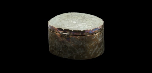  清银制粉盒嵌和田白玉寿字SILVER款 