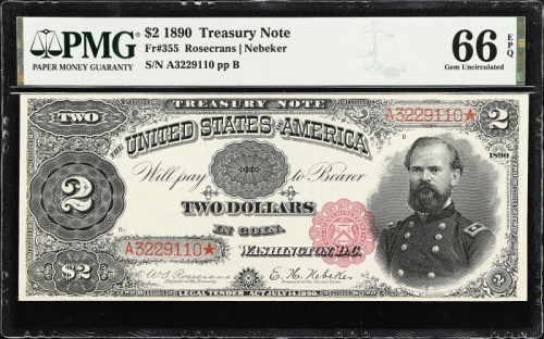  1890年国库券2美元 PMG Gem Unc 66 EPQ 1890 $2 Treasury Note