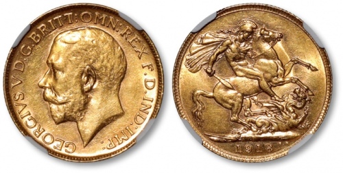  1918P澳洲乔治五世马剑1镑金币一枚，图案清晰优美，品相上佳，NGC AU58（6154493-001）