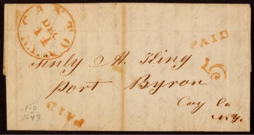  美国1847年纽约州坎顿寄拜融港折叠信，分盖“PAID 5”（5美分邮资已付）及坎顿（CANTON）12月14日戳各一枚