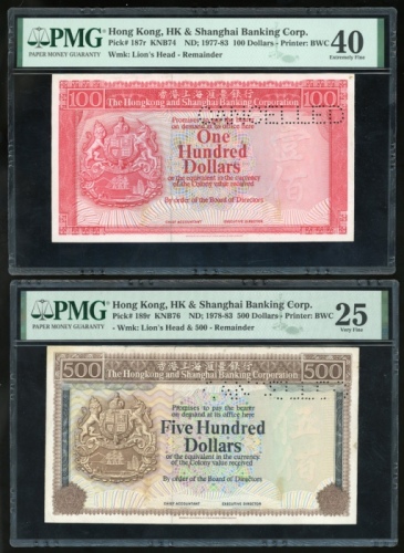  1978至1983年香港上海汇丰银行纸钞一对，500元及100元库存票，编号，评分及品相 The Hongkong and Shanghai Banking Corporation, $500 and