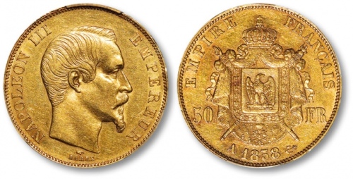  法国1858年“皇帝拿破仑三世”像50法郎金币一枚，打制规范清晰，金色纯正，状态自然，金盾PCGS AU55（37820652）
