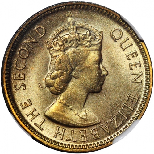  1956-H香港1毫，NGC MS65，#6450132-018 Hong Kong, nickel brass 10 cents, 1956-H, NGC MS65, Cert. #6450132-