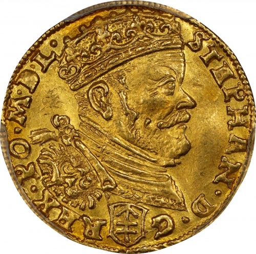  1586年波兰立陶宛巴托里金币 PCGS MS 62 POLAND. Lithuania. Ducat