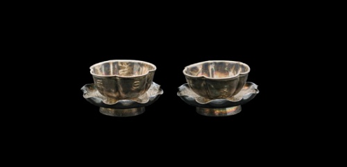  民国北京天聚兴足纹酒杯酒托一对 