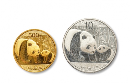  2011年熊猫普制一盎司金币、一盎司银币各一枚