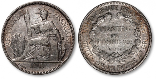  法属安南1910年自由女神坐像1比塞塔银币一枚，此年份少见，打制规范清晰，淡灰色包浆，底光柔亮，已属少见之上佳品相，金盾PCGS AU53（87564423）