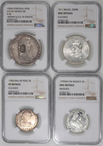  世界钱币一组4枚，详见图示 World Coins, a group of 4 coins, consists of: Mi Peru, 2 reales, 1783Lima, Mexico, 2 r