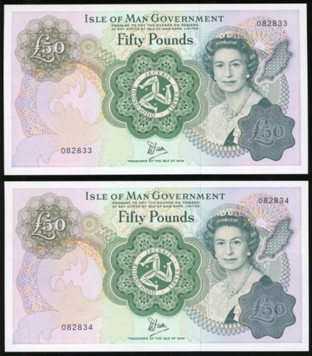  1983年曼岛伍拾镑两枚连号，编号082833-34，均UNC（2） Isle of Man, consecutive £50 (2), ND (1983), serial numbers 08283