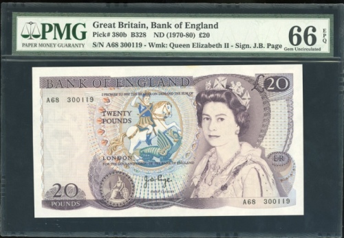  1970-80年英国贰拾镑，编号A68 300119，PMG66EPQ Bank of England, £20, ND(1970-80), serial number A68 300119, (Pi