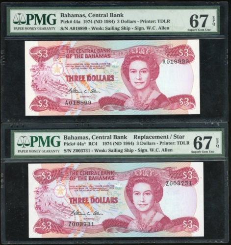  1984年巴哈马叁圆一组两枚，其中一枚為补号票，均PMG67EPQ（2） Bahamas, Central Bank, $3 (2), ND (1984), includes a replacemen