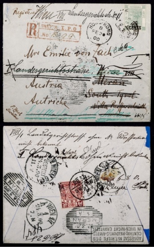  1900年广东汕头寄意大利转奥地利挂号封，贴蟠龙2角一枚