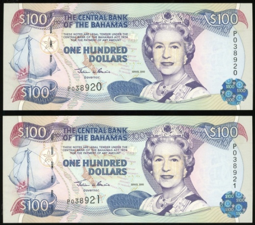  2000年巴哈马一佰圆两枚连号，编号P038920-21，均UNC（2） Central Bank of The Bahamas, consecutive pair of $100, 2000, se