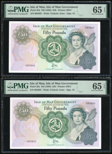  1983年曼岛伍拾镑两枚连号，编号085892-93，均PMG65EPQ（2） Isle of Man, a consecutive pair of £50, ND(1983), serial num