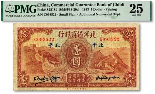  民国廿二年（1933年）北洋保商银行壹圆，大“北平”地名，小英文签名，背印领券“84”；色彩浓郁，原汁原味，已属少见之较佳品相，海外资深藏家出品，八五成新（唯一冠军分，严重低评）