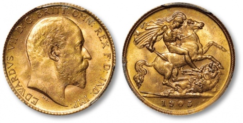  英国1905“国王爱德华七世像”马剑1/2索维林金币一枚，打制深峻，压力十足，金色纯正，状态极佳，金盾PCGS MS65（37820491）