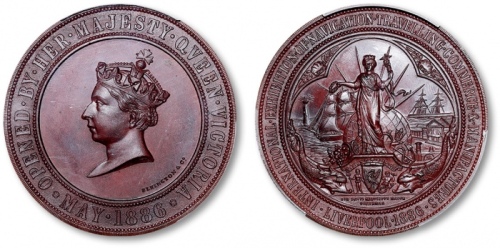  英国1886年“利物浦国际航海、旅游、商贸与工业展览会”开幕纪念铜章一枚，高浮雕，工艺精美，金盾 PCGS SP65（85932802）