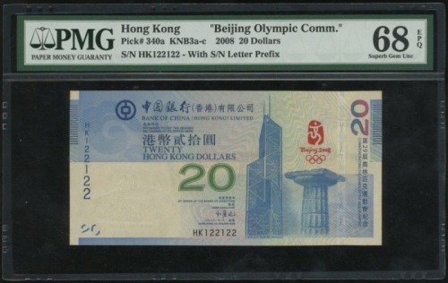  2008年中国银行20元北京奥运纪念钞，重复号HK122122，PMG 68EPQ Bank of China (Hong Kong) Limited, $20, 2008 Beijing Olymp