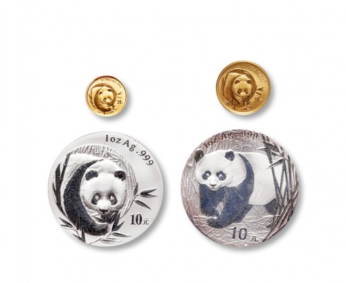  2002-2003年熊猫普制1/10盎司金币一枚，1/20盎司金币一枚，1盎司银币二枚，共四枚