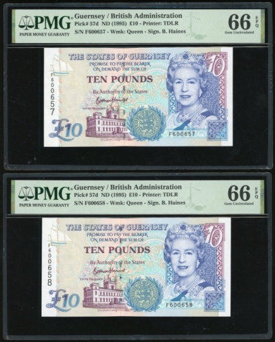  1995年根西拾镑两枚连号，编号F600657-58，均PMG66EPQ（2） Guernsey, a consecutive pair of £10, ND(1995), serial number