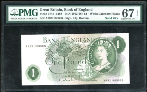  1962-66年英国一镑，「幸运」编号A99X 888888，PMG67EPQ，少见！ Bank of England, Great Britain, £1, ND (1962-66), solid 