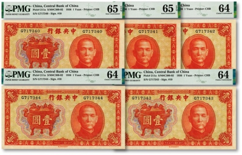  民国二十五年（1936年）中央银行中华版宝鼎图壹圆共5枚连号，纹路清晰，色彩浓郁纯正，全新（其中3枚低评）