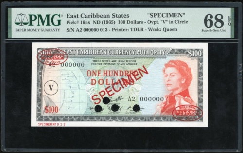  1965年东加勒比一佰圆样票，编号A2 000000，PMG68EPQ，少见！ East Caribbean Currency Authority, specimen $100, St. Vincen