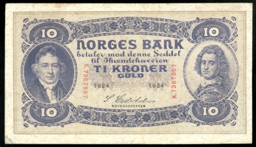  1924年挪威拾克朗，编号K7367597，GVF Norges Bank, Norway, 10 kroner, 1924, serial number K7367597, (Pick 8b), C
