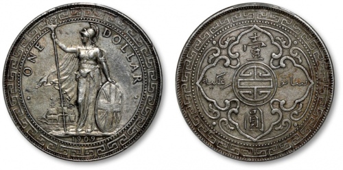  1902年香港不列颠尼亚女神站像壹圆银币一枚，整体清晰，灰色包浆，金盾PCGS XF Detail（87121444）